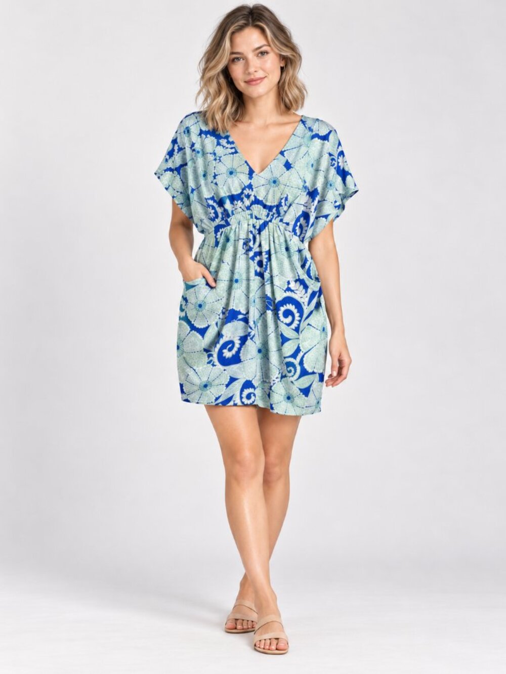 Collective Concepts Blue Green Floral V-Neck Cinched Waist Pocket Dress Size M